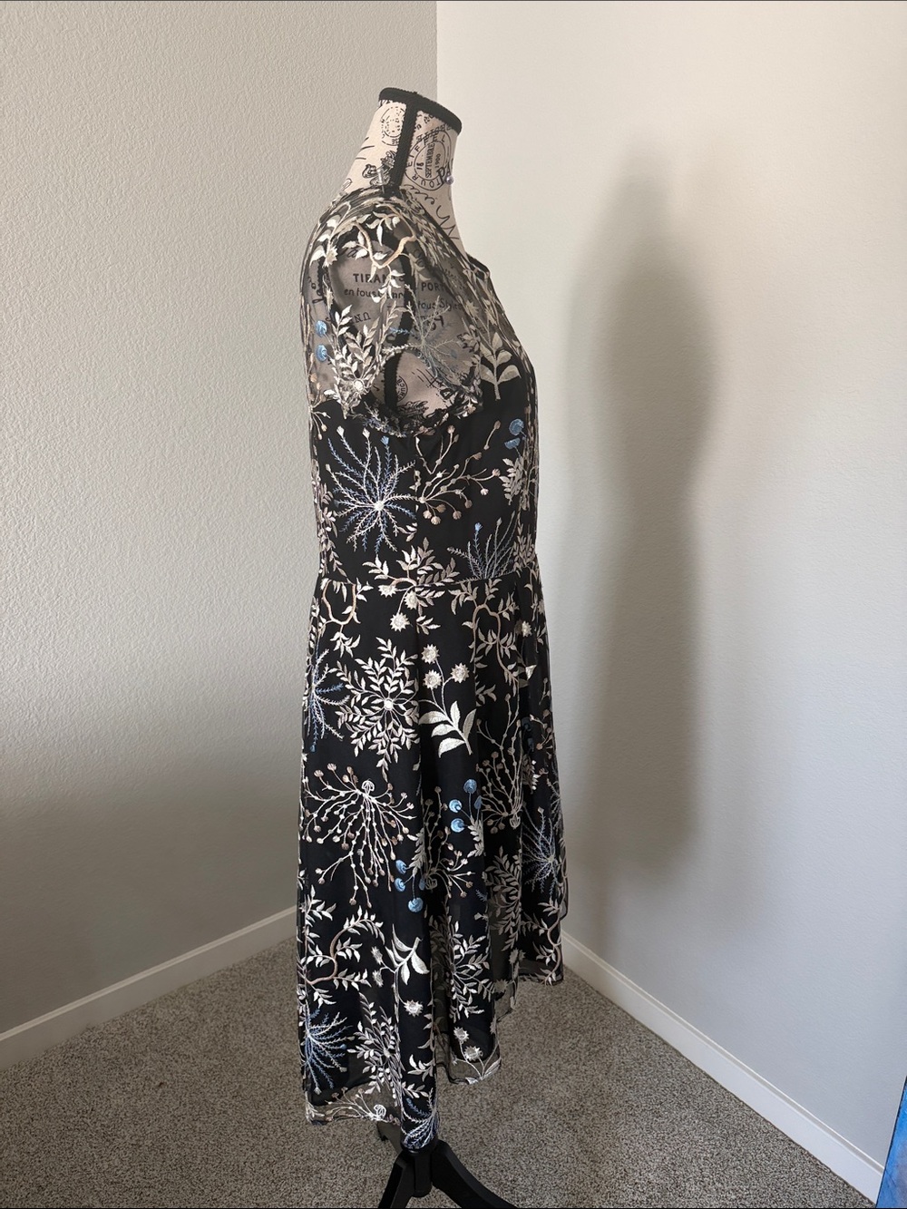 Adrianna Papell Black Sheer Yoke Floral Embroidered Fit & Flare Dress - Picture 5 of 5